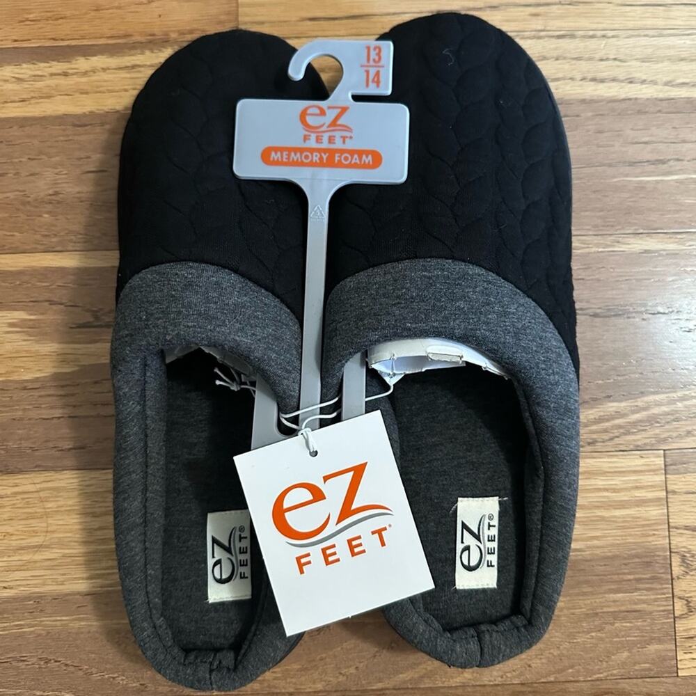 Men’s EZ Feet Memory Foam Slippers, Black and Gray, XXL (13/14)